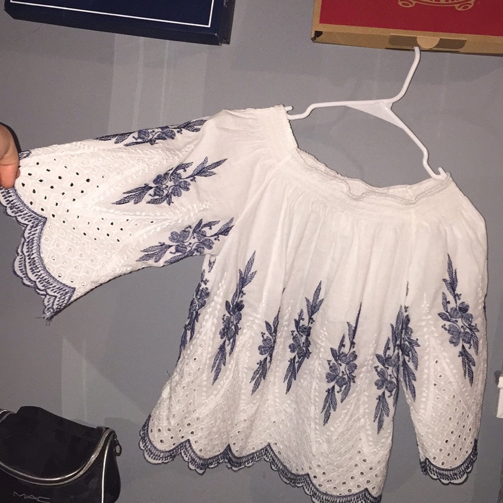 Off the shoulder white and blue shirt